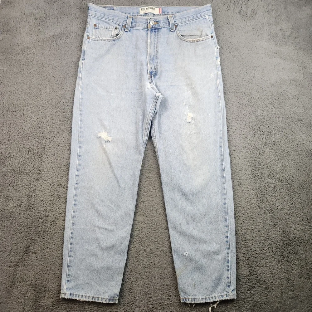 Levis 550 Relaxed Fit Tapered Light Wash Blue Jeans Mens 34x30 Distressed Denim